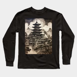 Japanese Castle Woodblock Engraving Style Long Sleeve T-Shirt